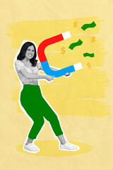 Artwork design minimal composite collage template of young woman entrepreneur hold magnet want more...