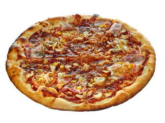 Large delicious pizza with corn, tomatoes, ham and oregano, highlighted on a white background. One hundred percent sharpness.