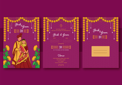 Hindu Wedding Invitation Card Layout with Bride and Groom Character Illsutrations in Traditional Attires, Inner Pages  with Envelope  Template.