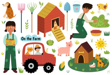 On the farm set with cute animals and kids farmers. Countryside life elements collection in cartoon style. Boy and cat on a tractor, pig, dog with a kennel, hen in a chicken coop. Vector illustration © juliyas