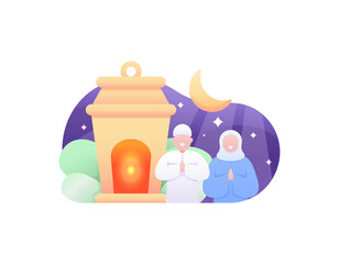 a Muslim man and woman celebrate and wish a happy Eid al-Fitr and Eid al-Adha. Giving greetings and congratulations. fanus or ramadan lantern. Ramadan Kareem. illustration concept design. vector