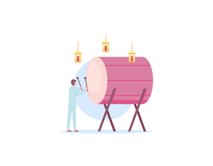 a man beats or hits a bedug. Celebrating Eid al-Fitr and Eid al-Adha. an expression of joy at the arrival of the holy month of Ramadan. Ramadan Kareem. illustration concept design. vector elements