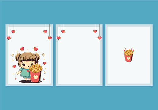 Valentines Day or Love Greeting Card Layout with Cute Girl Standing Behind the French Fries, and Paper Hanging Heart Shapes Decoration.