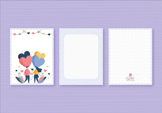 Valentines Day or Love Greeting Card Layout with Young Couple Characters Holding Hands and Hearts Balloons Floating. 