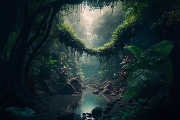 Dreamy place in a human mind imagination, vibrant fantasy, beautiful jungle, dense jungle trees, generative ai