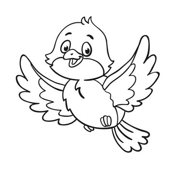 Little funny bird is flying. In cartoon style. Picture in a black outline. For coloring book. Isolated on white background. Vector illustration. 