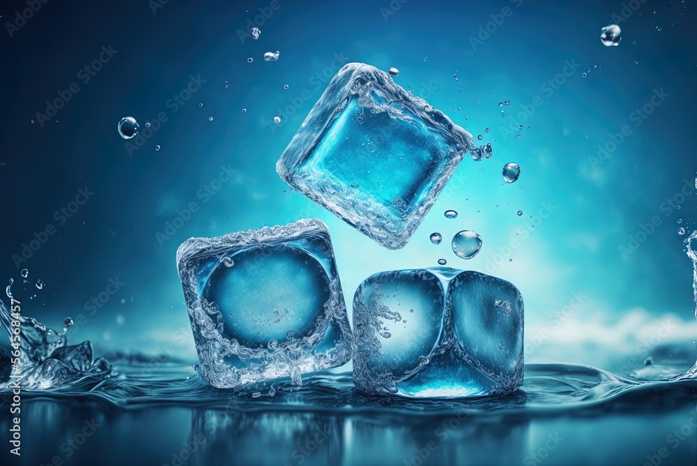 Poster space for text creates ice on a wet blue backdrop. generative ai