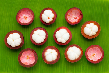 Mangosteen on banana green leaf