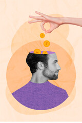 Vertical collage image of arm fingers hold throw money coins inside black white gamma opened head...