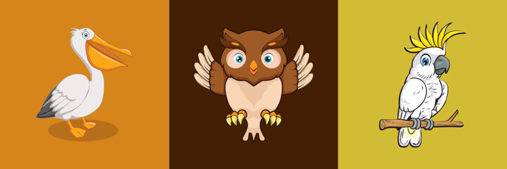 Set of Cartoon Bird icons Namely Pelican, Owl, Cockatoo With Flat Background
