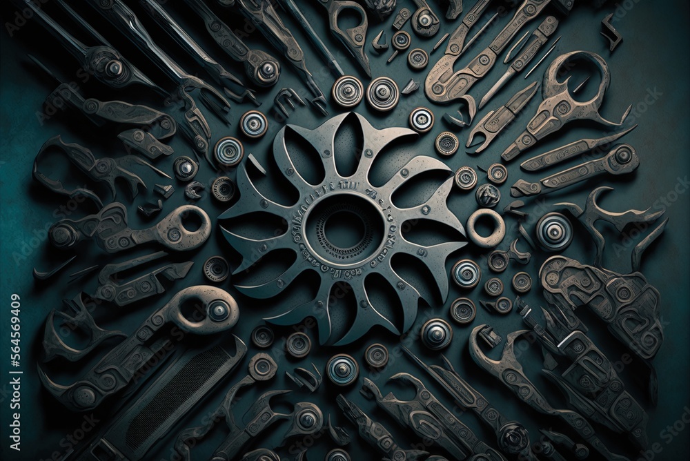 Poster several open-ended wrenches as a top-down mechanical motif generative ai