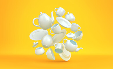 White porcelain dishes falling over yellow background