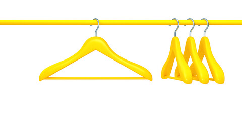 Rack with yellow clothes hangers isolated on white background