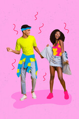 Vertical collage picture of two cheerful carefree people enjoy dancing partying isolated on painted...