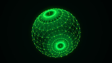 Abstract green sci-fi sphere with particles and lines. Technology network connection on world. Futuristic illustration. Global digital connections ai. 3D wireframe geometric sphere. 3D rendering.