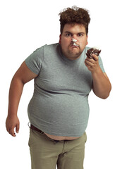 An overweight man messily eating a slice of cake isolated on a PNG background.
