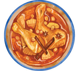 Top view of hand drawn traditional thai food watercolor illustration, chicken massaman curry or gang massaman kai. 