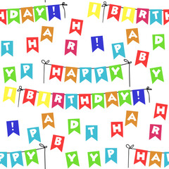 Fototapeta na wymiar A pattern of birthday flags with a colorful font design. Bright festive letters and the inscription on the rope happy birthday in a scatter. Background for holiday gift wrapping, textiles.