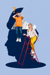 Vertical collage image of two mini people climb ladder sit huge drawing opened head isolated on...