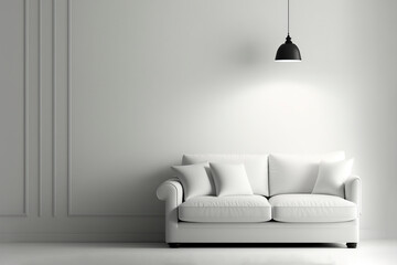 Minimal concept. interior of living grey white fabric 
 sofa white wall and black hanging lamp. Ai generative