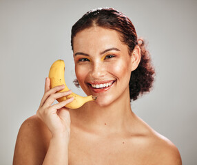 Beauty, face portrait and woman with banana phone call for facial skincare glow, fruit detox or...
