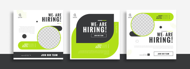 We are hiring job vacancy social media post banner design template with green and black color. We are hiring job vacancy square web banner design.