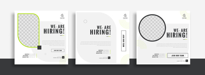 We are hiring job vacancy social media post banner design template with green and black color. We are hiring job vacancy square web banner design.