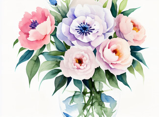 Obraz na płótnie Canvas Watercolor bouquet of roses and peones in a glass vase. Generative Ai