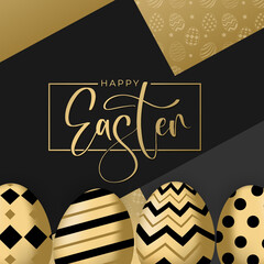Easter decorative social media banner and poster template in black and gold ornament. Luxuru easter eggs and bunny.