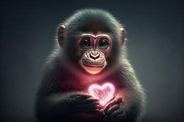 Cute and funny Valentine's Day card of a monkey holding a pink illuminated heart, with copy space