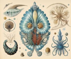 Vintage sea, ocean life poster, collection of sea creatures from the 19th century. Retro marine biology poster. Generative Ai