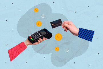 Photo creative collage of hand credit plastic card demonstrate wireless payment operation terminal...