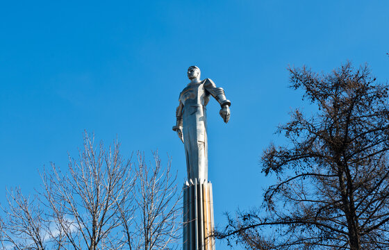 MOSCOW, RUSSIA - MARCH 28, 2021: Monument to Yuri Gagarin (the first human in space) 
