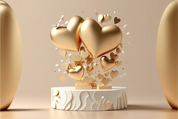 3D podium, display, background. beige pedestal. Gold Love balloons and confetti levitating. Beauty, cosmetic product presentation. stage with leaf shadow. Abstract, valentines day