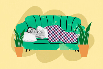 Artwork magazine collage picture of happy tired lady sleeping cozy couch isolated drawing background