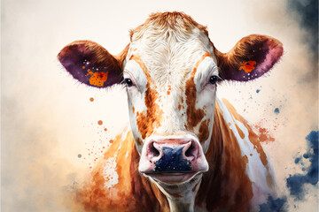 Cute portrait of a Watercolor Cow Painting, Generative AI