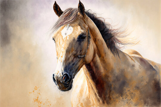 Beautiful Portrait of a Watercolor Horse Painting, Generative AI
