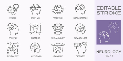 Neurology icons, such as alzheimer, parkinson, insomnia, headache and more. Editable stroke.