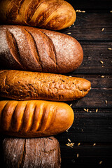 Different types of fresh crispy bread. 