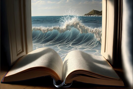 An open book leading the ocean and new adventures ideal for literary backgrounds,hyperrealism