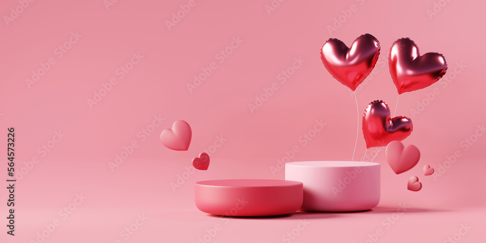Poster valentine's day stage podium mock up with heart product display showcase 3d rendering