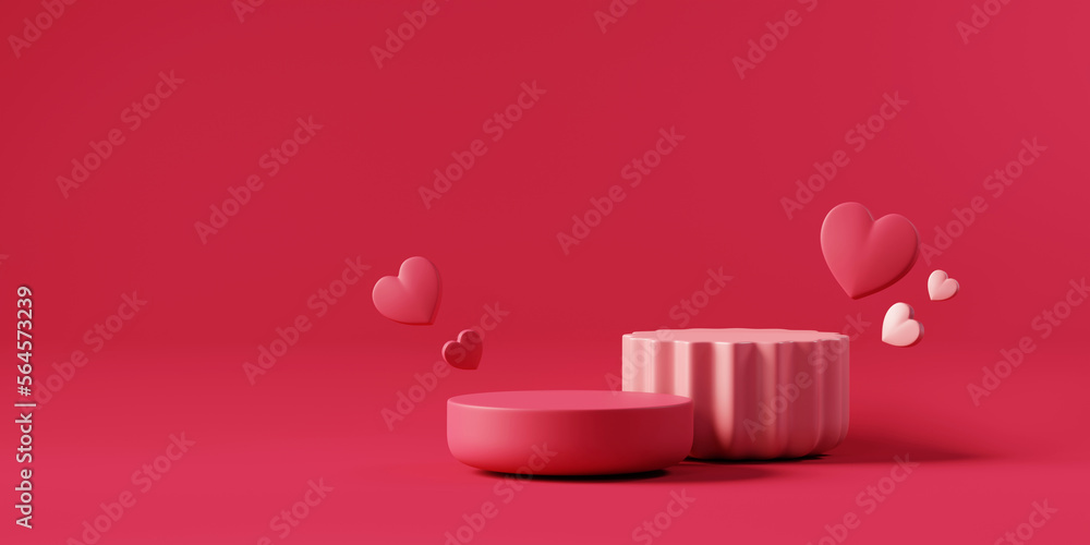 Poster valentine's day stage podium mock up with heart product display showcase 3d rendering