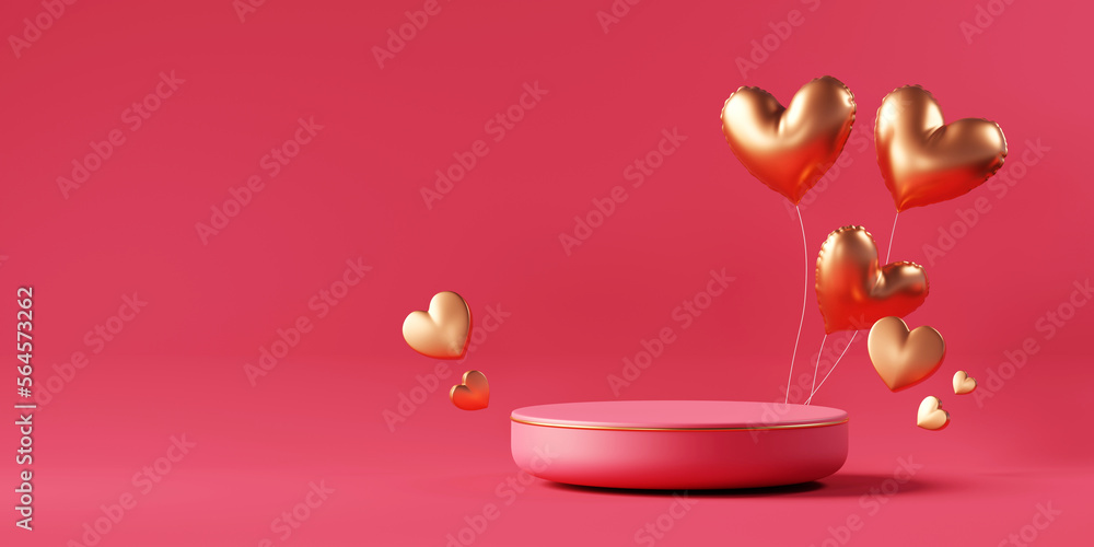 Poster valentine's day stage podium mock up with heart product display showcase 3d rendering