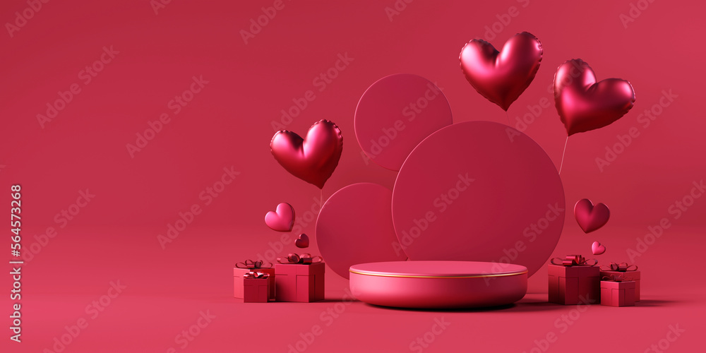 Poster valentine's day stage podium mock up with heart product display showcase 3d rendering