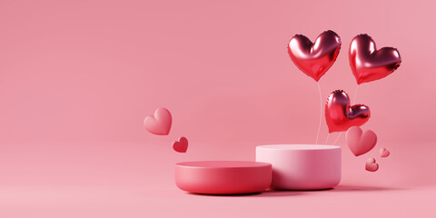 Valentine's day stage podium mock up with heart product display showcase 3d rendering