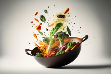 Cooking concept. Vegetables flying out of the pan isolated on white background ,Generative ai
 - obrazy, fototapety, plakaty