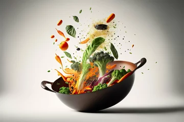 Foto op Plexiglas Cooking concept. Vegetables flying out of the pan isolated on white background ,Generative ai  © dhiyaeddine
