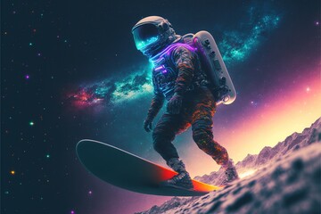 Astronaut Surfing in the nebula water wave and stars with neon light effects. Astronaut surfing in the galaxy. astronaut. high-definition colorful galaxy. universe. galaxy. Generative AI