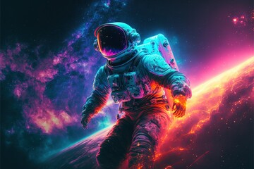 Astronaut Surfing in the nebula sky wave and stars with neon light effects. Astronaut surfing in the galaxy. astronaut. high-definition colorful galaxy. universe. galaxy. Generative AI