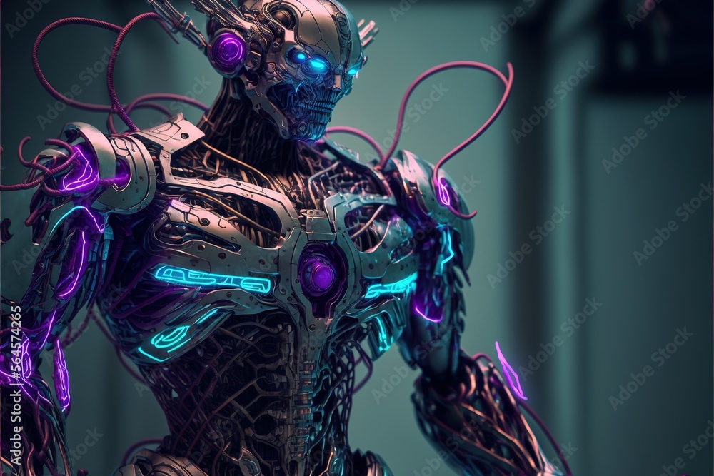 Poster cyborg robot with brain connection and neon effect. evil artificial intelligence robot. cyborg. robo
